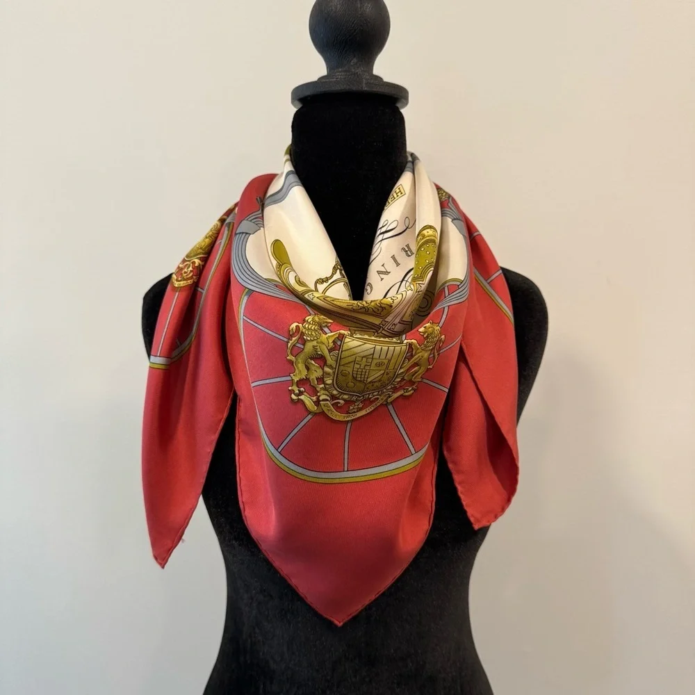 Hermes Silk Scarf 90 Carré Gold Red Equestrian Hand Rolled Made in France